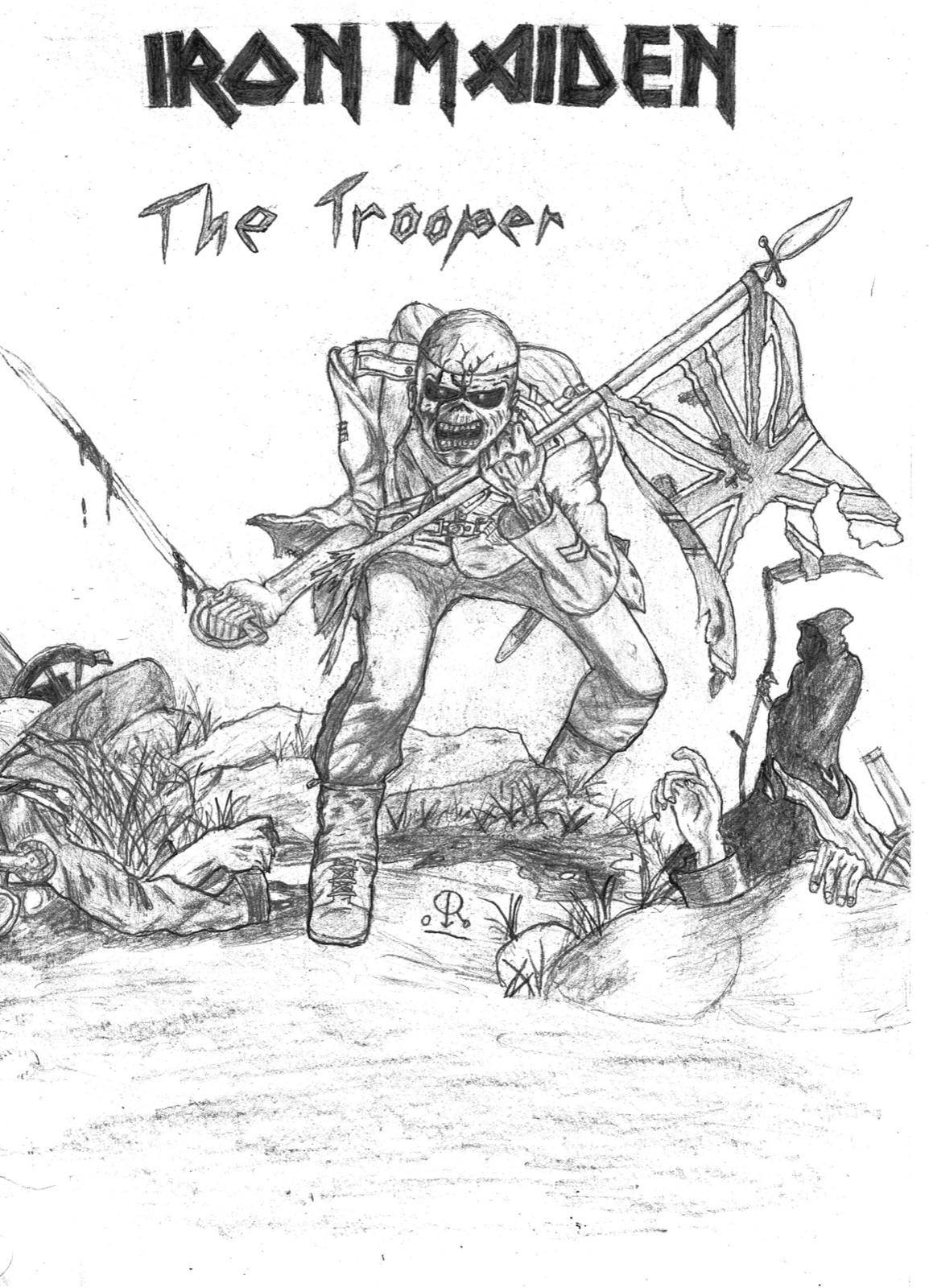 Bleistiftzeichnung The Trooper im Hochformatrahmen